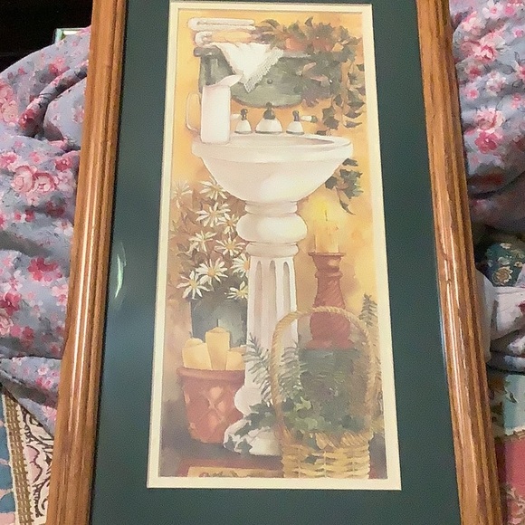 Adorable Shabby Chic Framed Water Coloring of a bathroom sink and plants. - Picture 3 of 10
